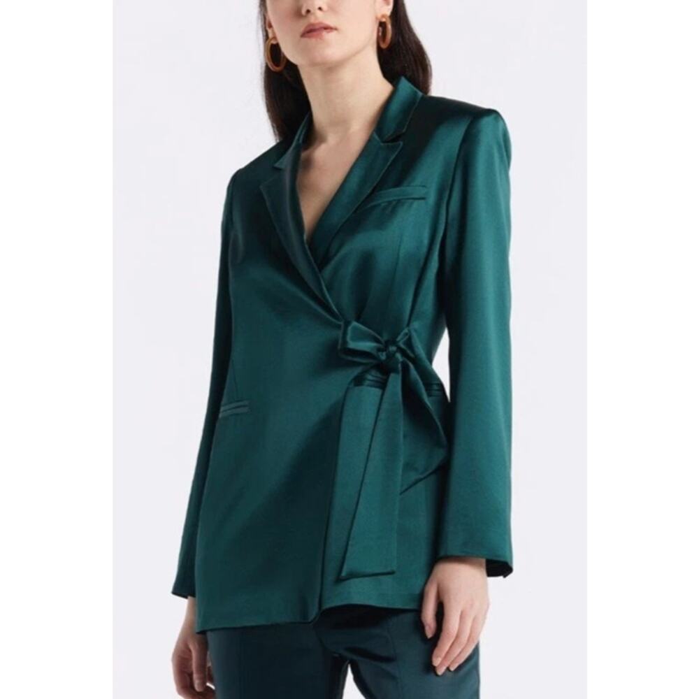 Lattelier Dark Green Satin Notched Collar Wrap Tie Waist Blazer   Size: L